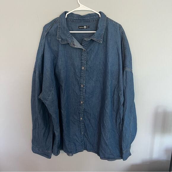 Boohoo Blue Denim Button Down Tunic Shirt Long Length Plus Size 18 Jean - Picture 1 of 6